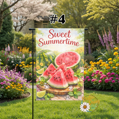 Garden flag with watermelon design and 'Sweet Summertime' text 