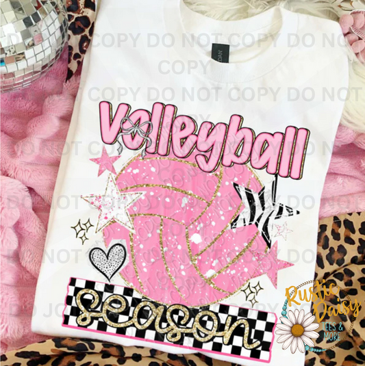 Volleyball season text with pink volleyball and bow