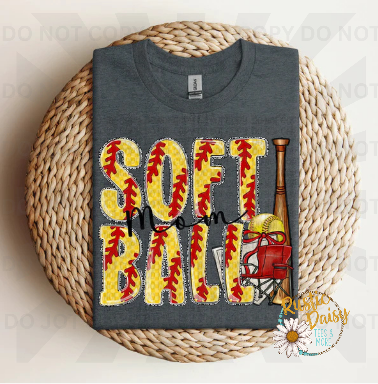  Softball Mom text in yellow softball stitch pattern with a bat, softball, home plate, chair and bow