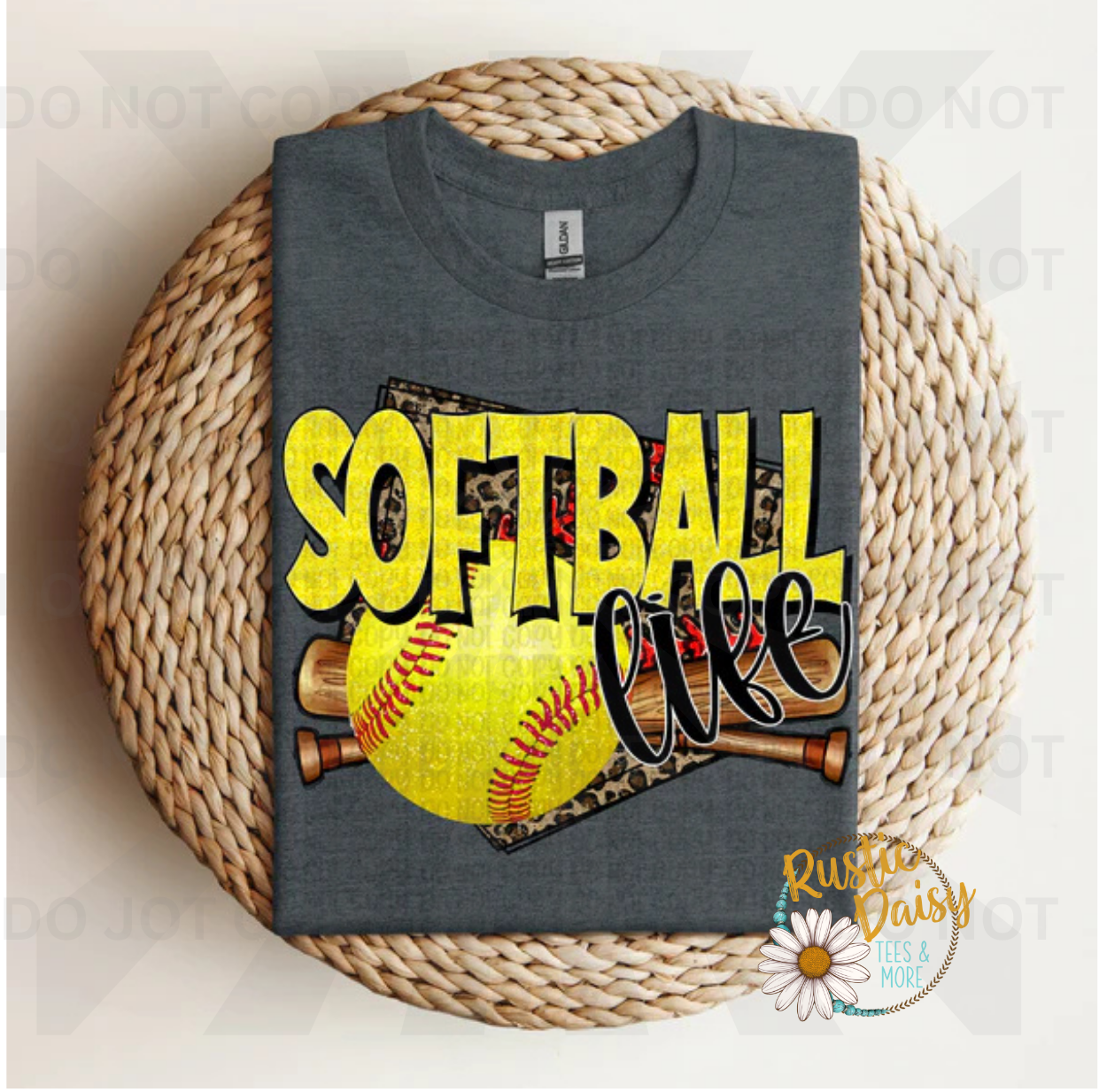  Softball Life text in yellow with leopard print home plate background and crossed bats and softball