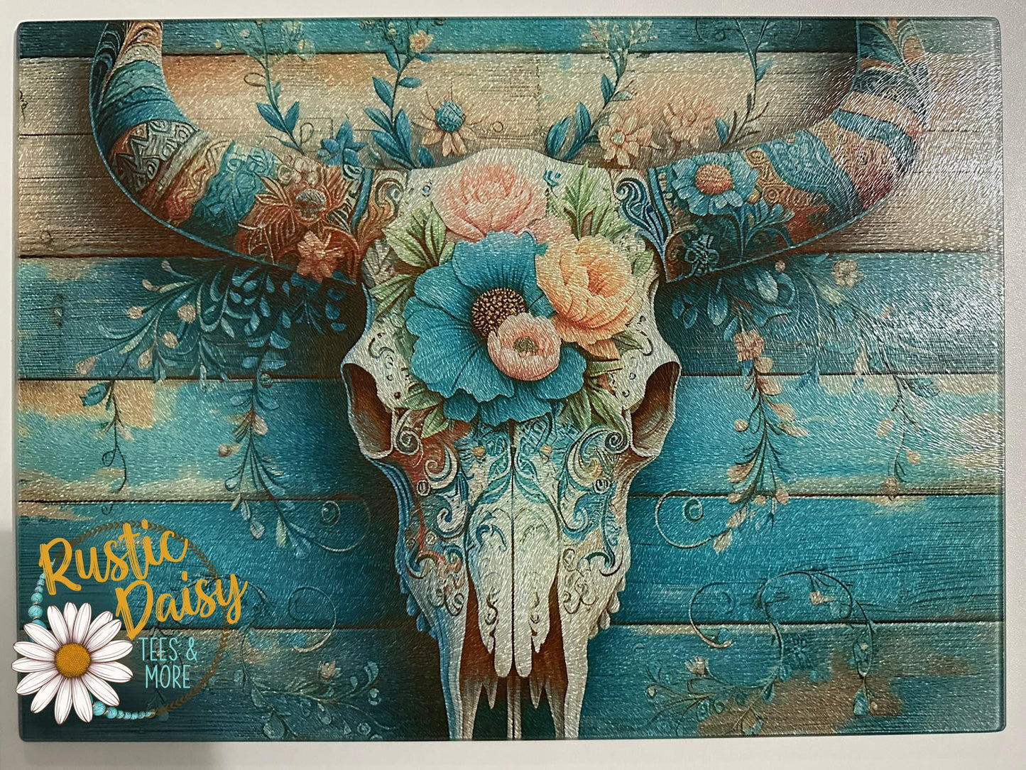 Blue Floral Bull Skull Cutting Board