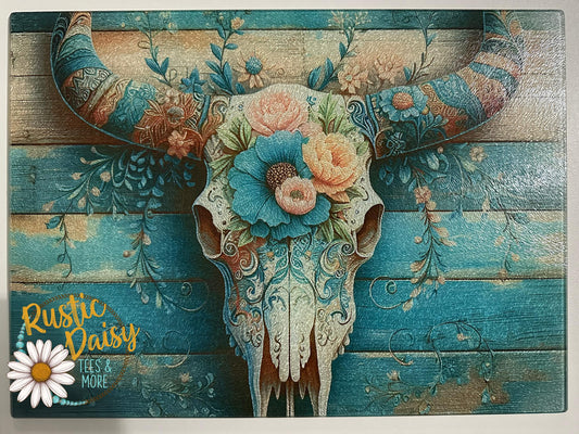 Blue Floral Bull Skull Cutting Board