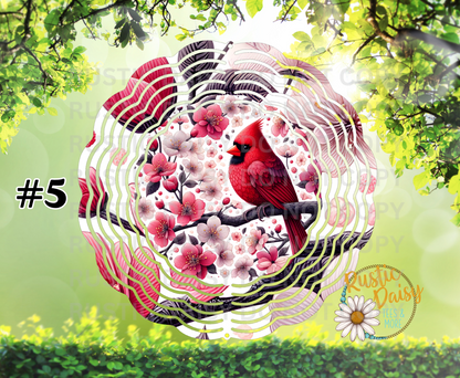 Red cardinal on branch with pink cherry blossoms 10-inch wind spinner