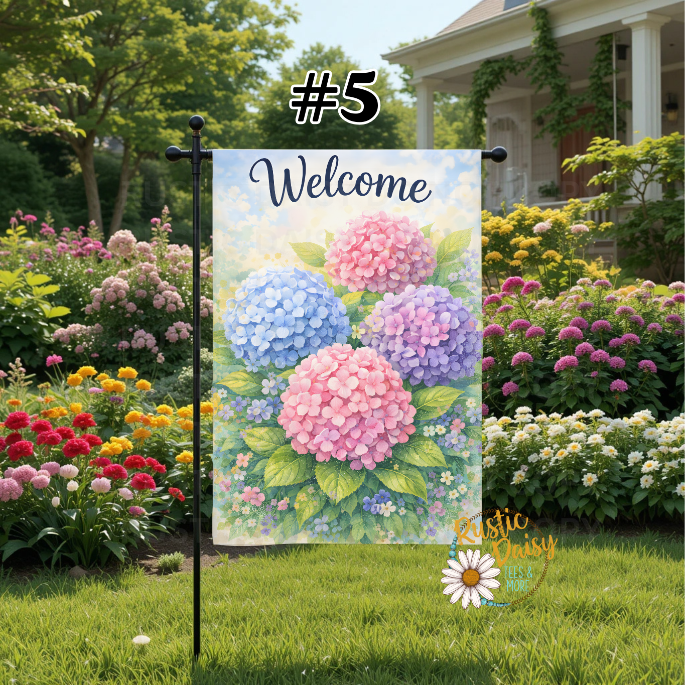 Decorative garden flag with colorful hydrangeas and 'Welcome' text 