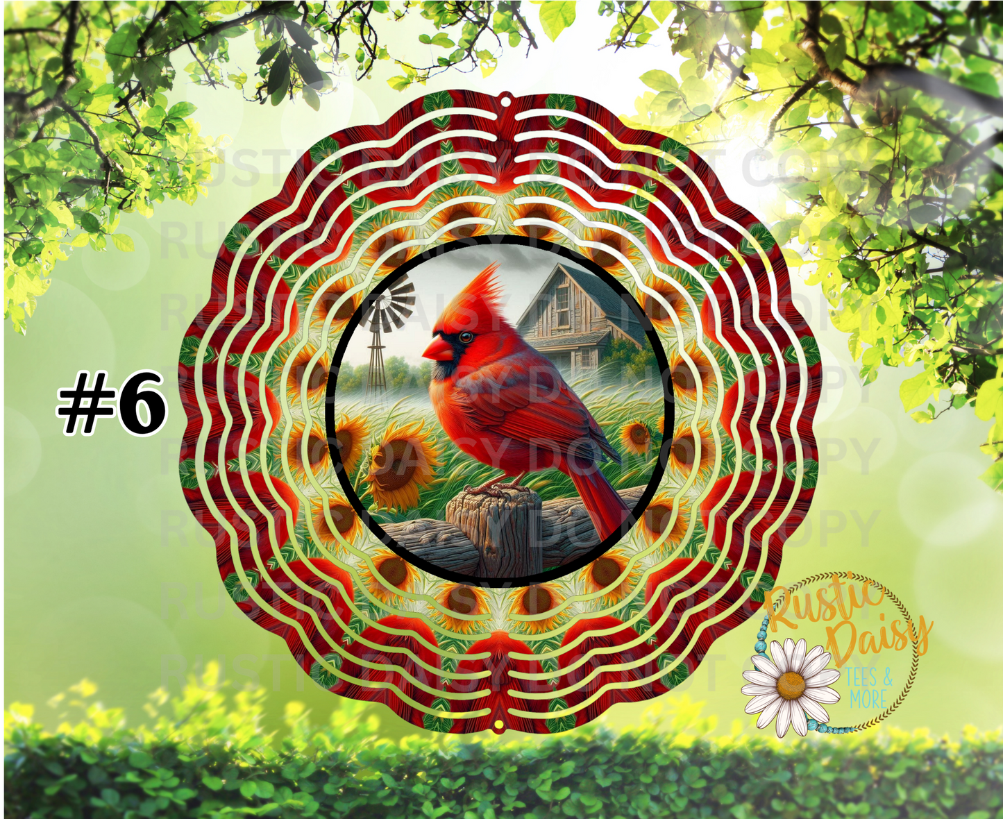 Red cardinal with sunflowers and rustic farmhouse 10-inch wind spinner