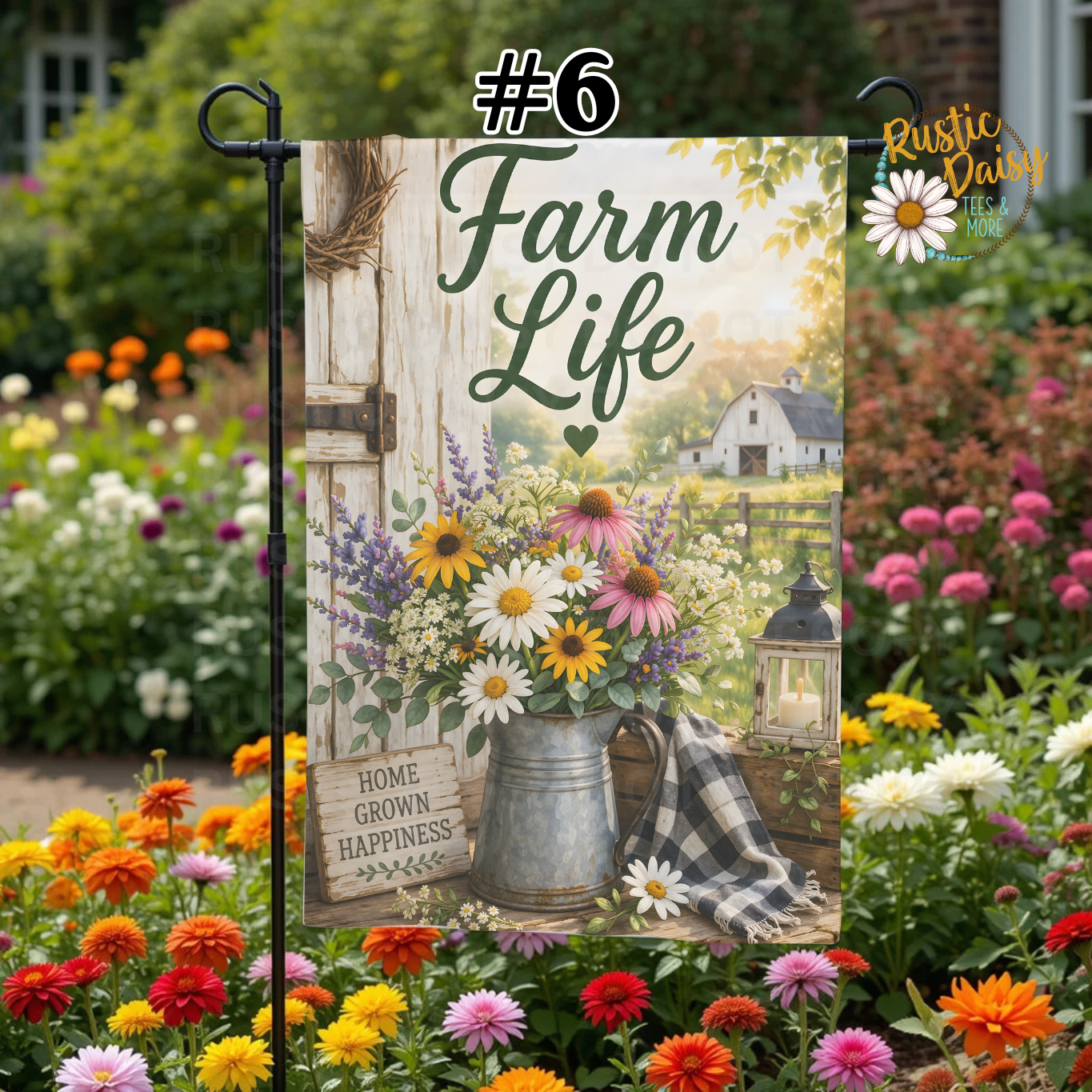 Decorative garden flag with 'Farm Life' text and floral design
