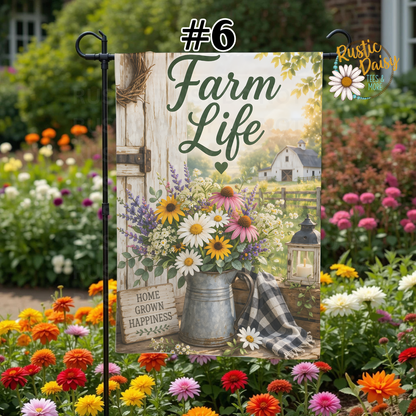 Decorative garden flag with 'Farm Life' text and floral design