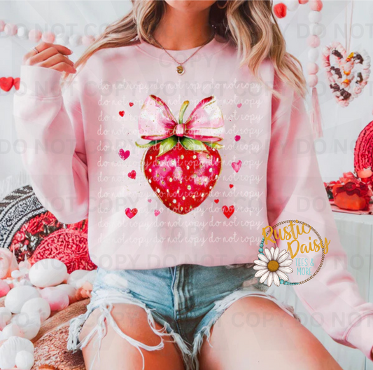Red strawberry with pink hearts and pink ribbon bow accents
