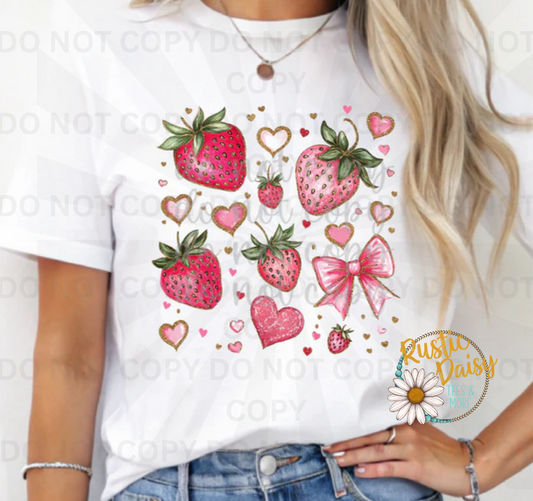 Pattern of red strawberries, pink hearts, and decorative ribbon bows