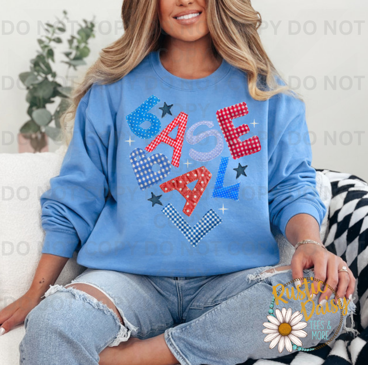 Gingham patchwork BASEBALL lettering with stars