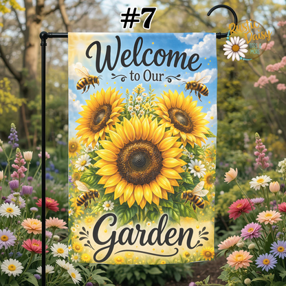 Decorative garden flag with sunflowers, bees, and 'Welcome to Our Garden' text.