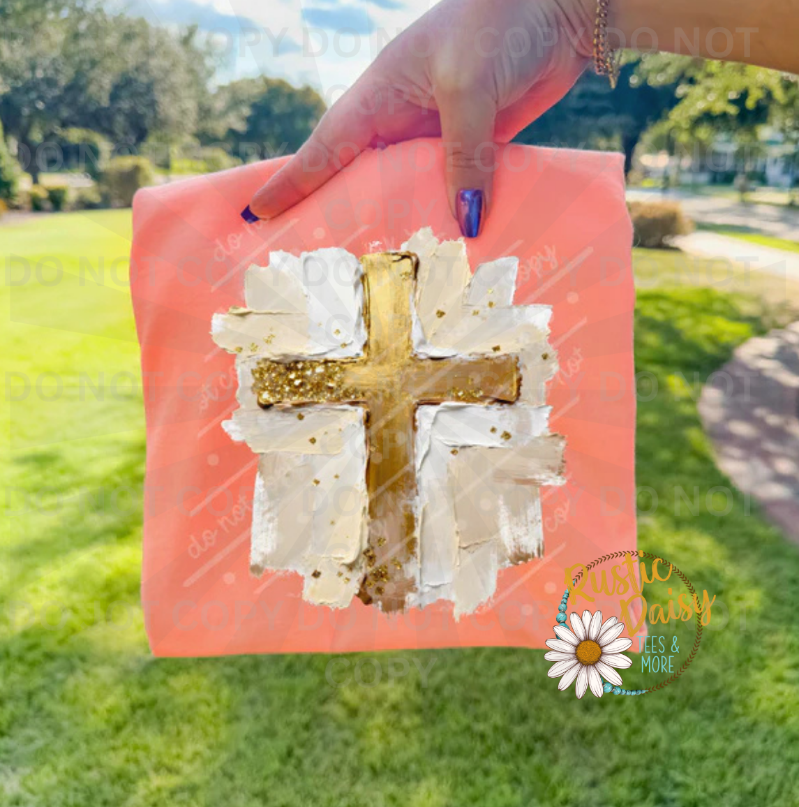 Faux painted gold faux glitter cross on white brushstroke background with gold speckles
