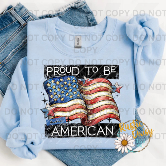 Proud to be American text with distressed American flag and stars