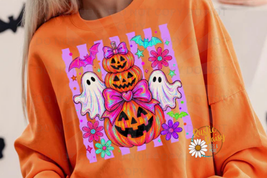 3 Stacked Jack O Lanterns & Ghosts