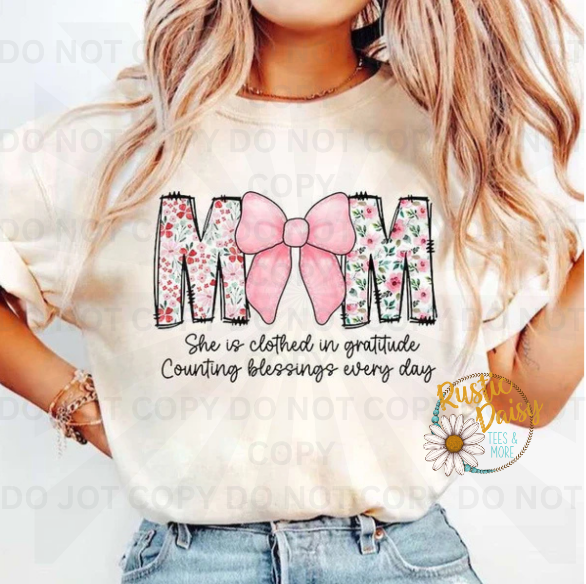 Mom text in decorative font with pink ribbon bow accent