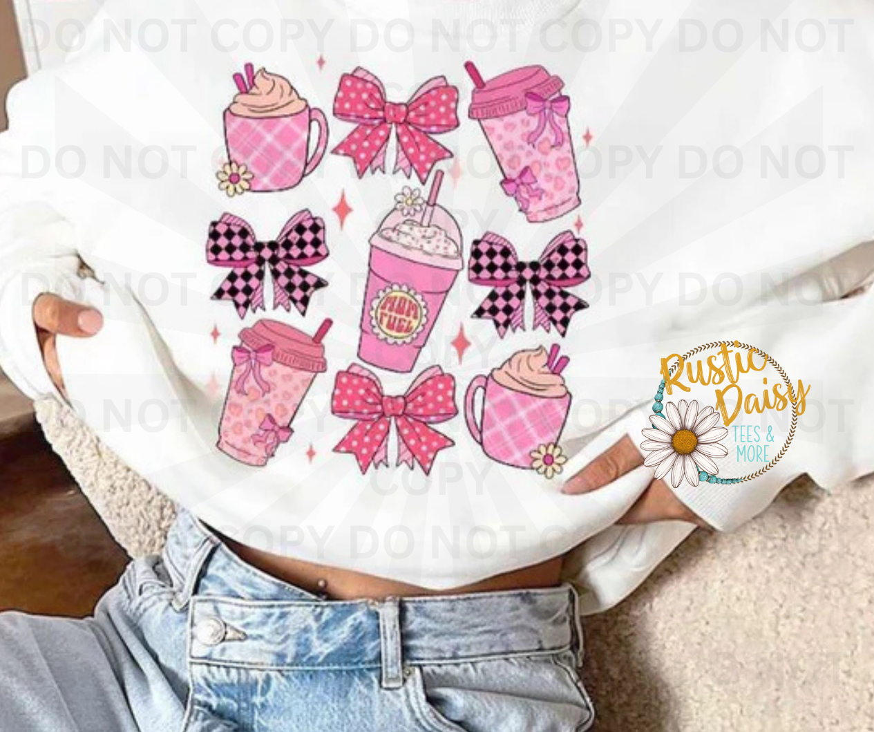 Mom Fuel text with coffee latte cups and decorative ribbon bows