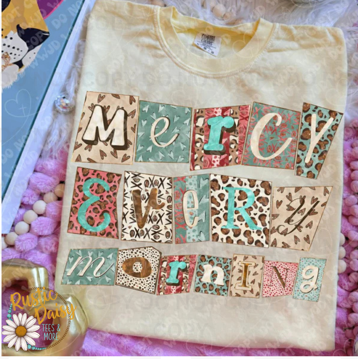 Mercy Every Morning inspirational text in decorative font