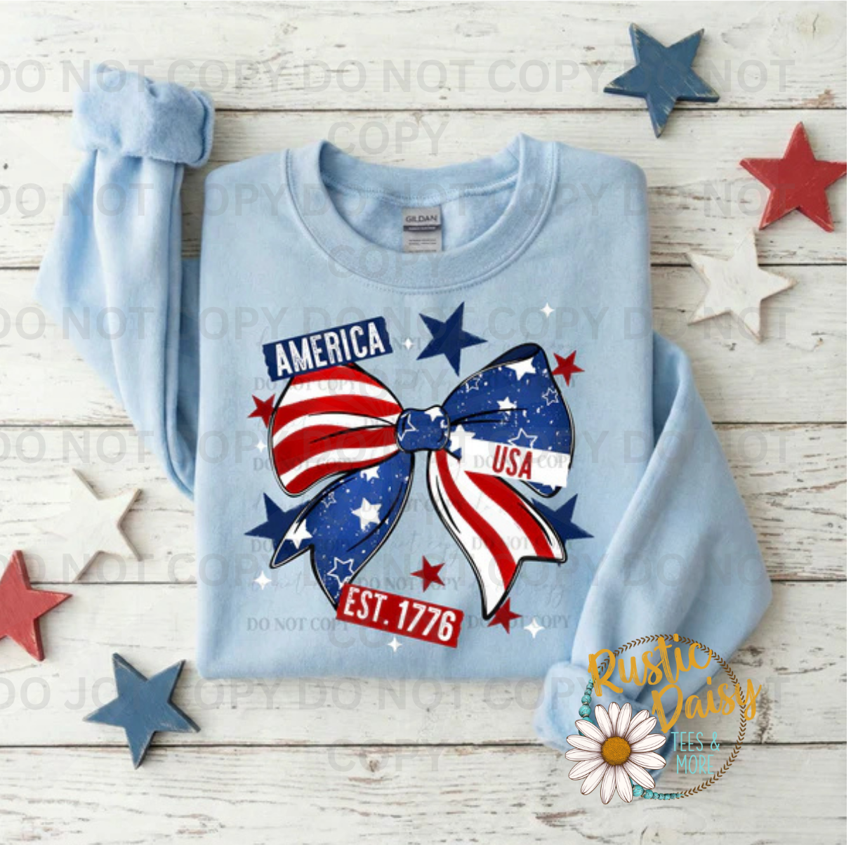 Flag print bow with America and EST. 1776 text and stars