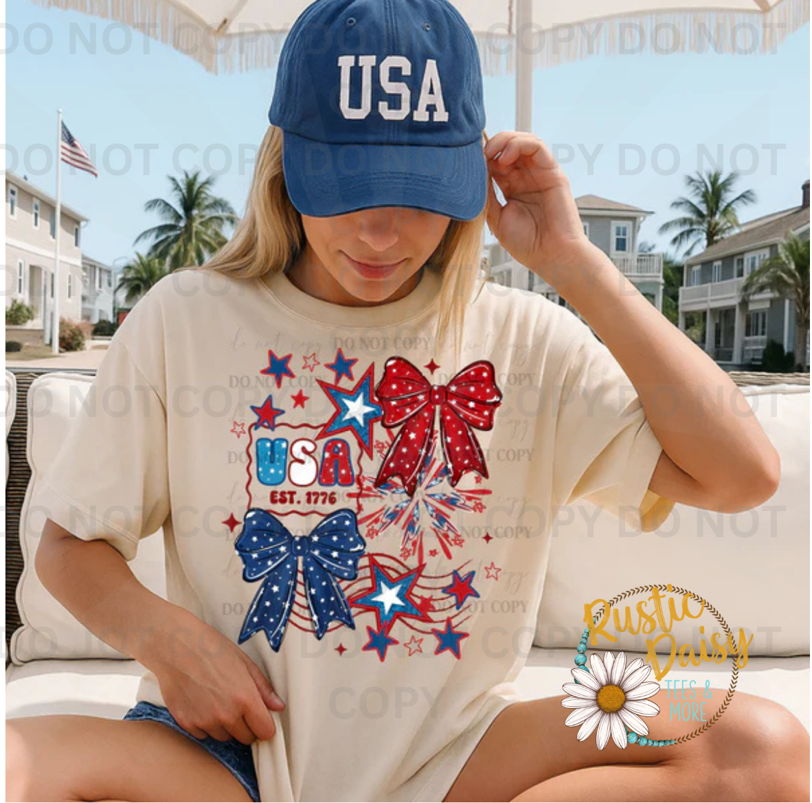 Red and blue glitter bows with USA EST. 1776 text and firework stars