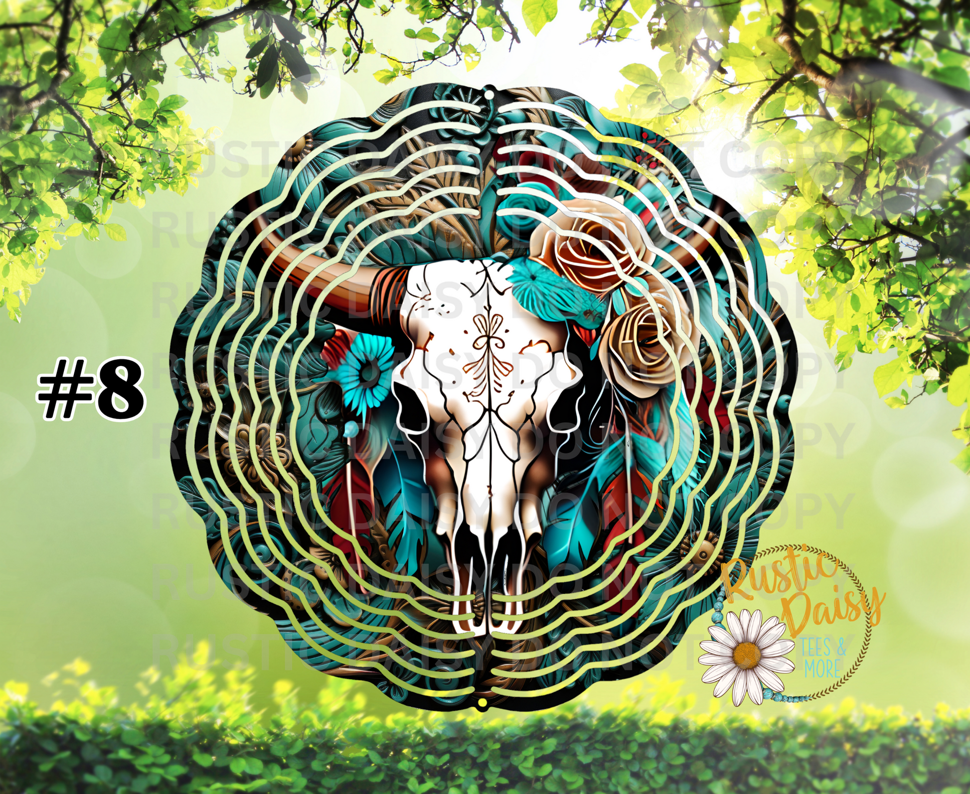 Boho bull skull with teal flowers and feathers 10-inch wind spinner