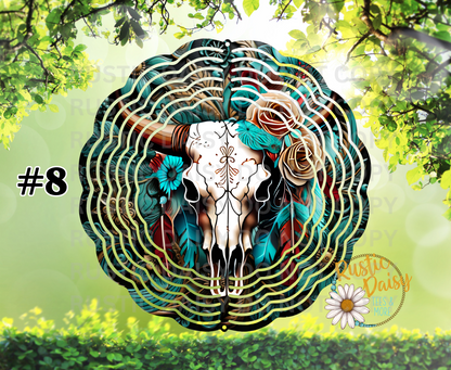 Boho bull skull with teal flowers and feathers 10-inch wind spinner