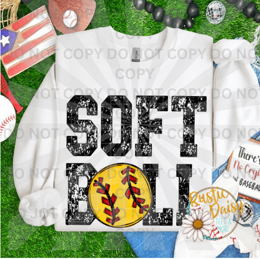 Softball Mom distressed text design with yellow softball graphic