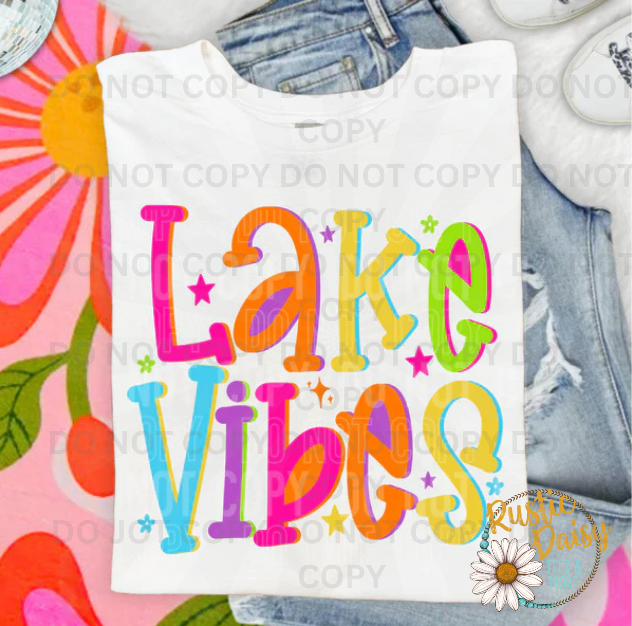 Colorful mixed font Lake Vibes lettering with stars and sparkles