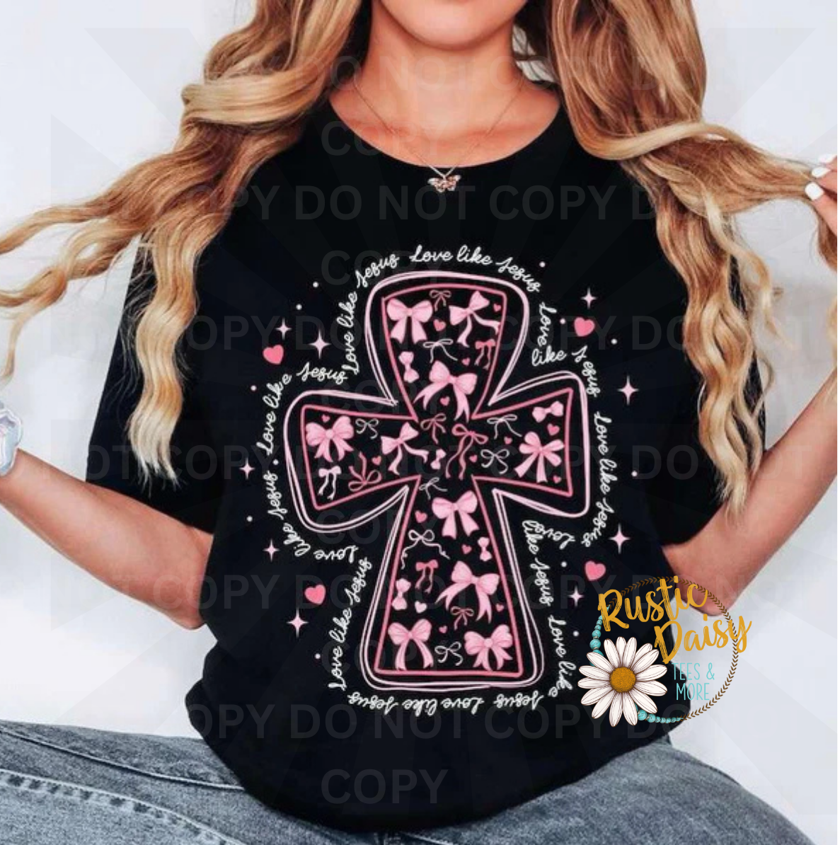 Love Like Jesus text with decorative ribbon bow and cross symbol