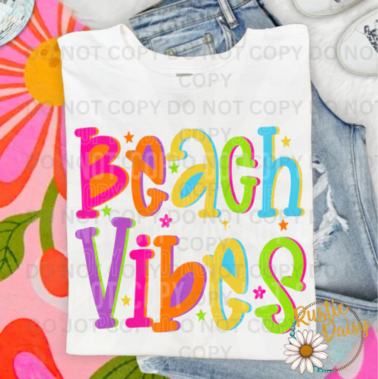 Colorful mixed font Beach Vibes lettering with stars and flowers