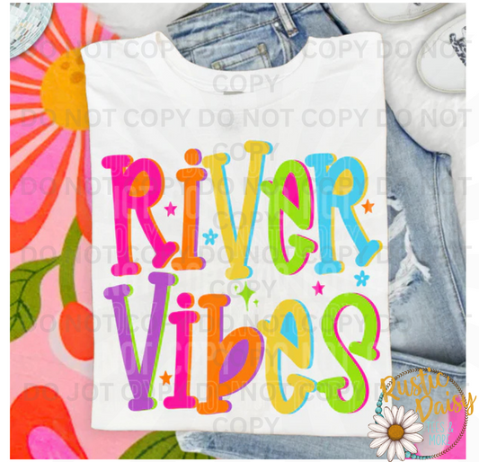 Colorful bold River Vibes lettering in pink orange green and blue with stars