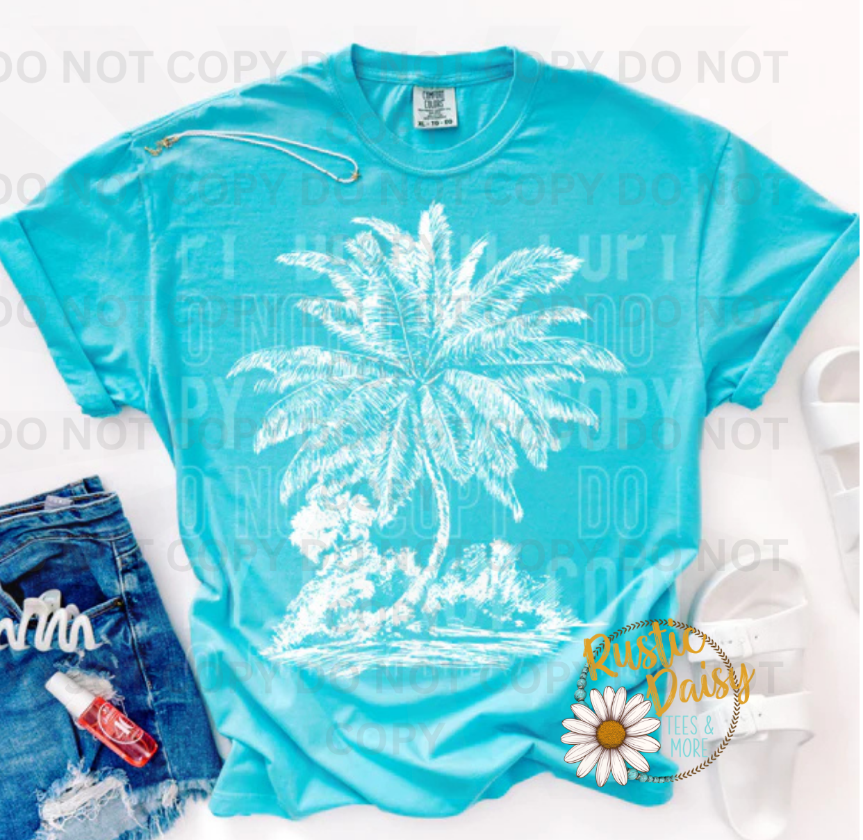 Bleached palm tree with ocean waves graphic