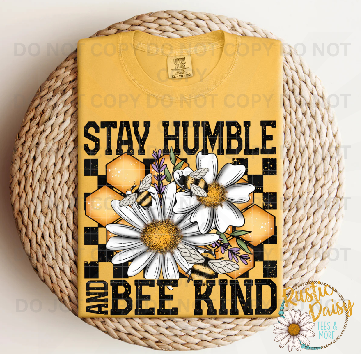 Checkered Stay Humble and Bee Kind text with daisies bees and honeycomb