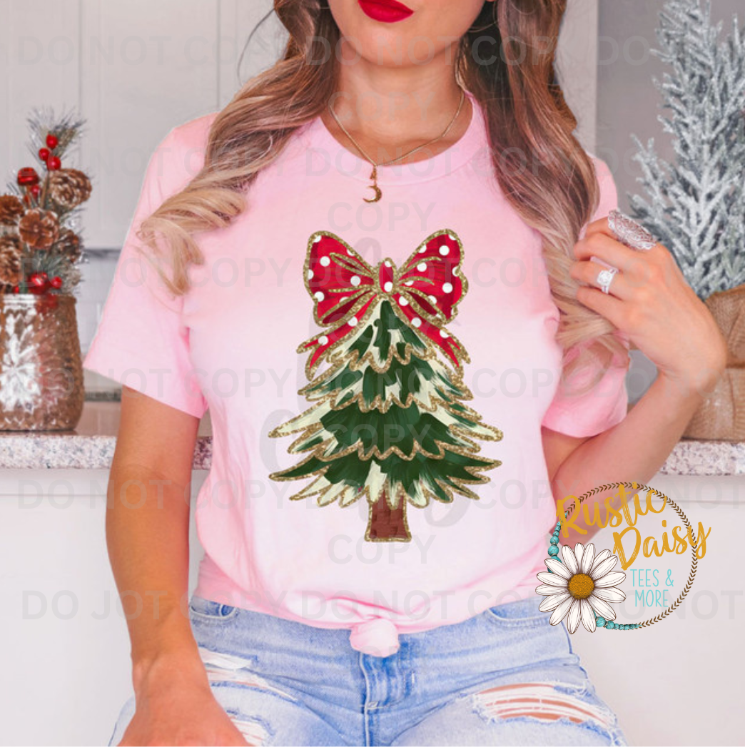 Green Brushstroke Red Bow Faux Glitter