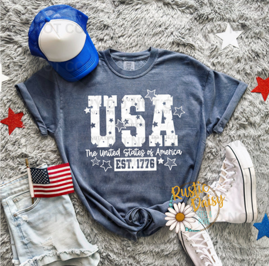 Red and blue glitter bows with USA EST. 1776 text and firework stars
