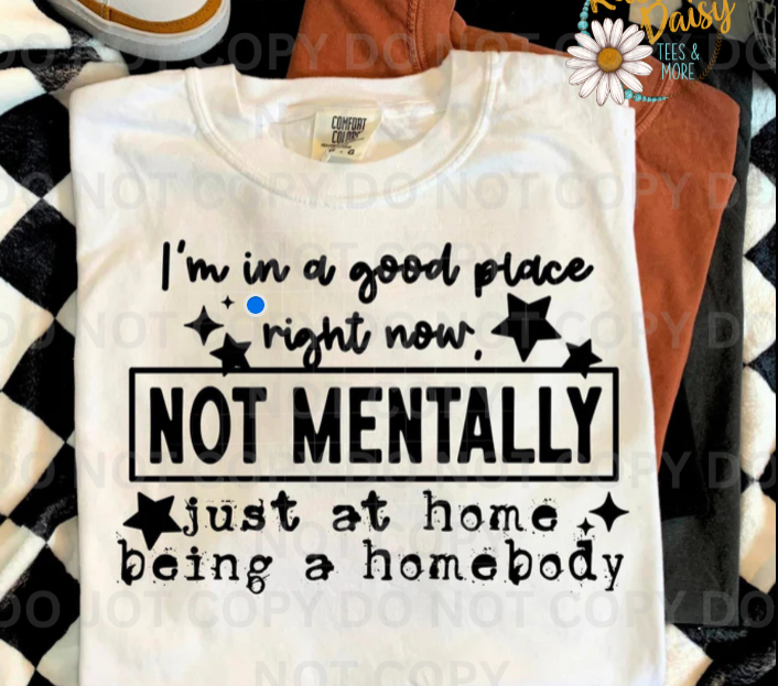 T-shirt with humorous text in black reading I'm in a good place right now not mentally just at home being a homebody 